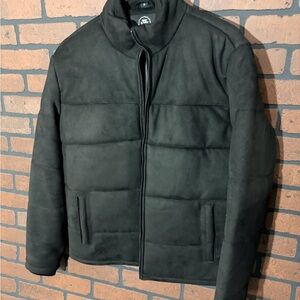 Men's Sleek Black Puffer Jacket faux suede NWT